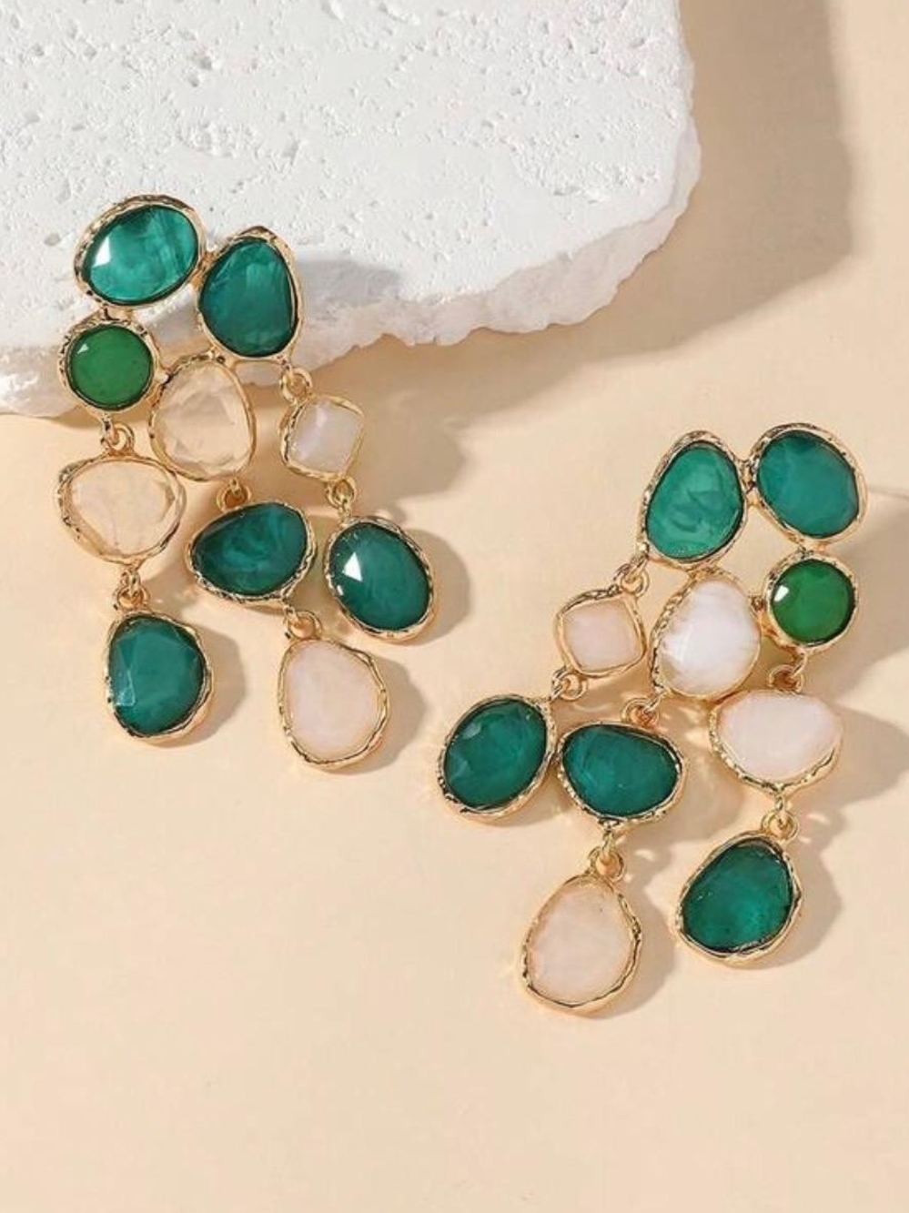 Gold Green and White Multi-Stone Chandelier Earrings - Picture 4 of 4